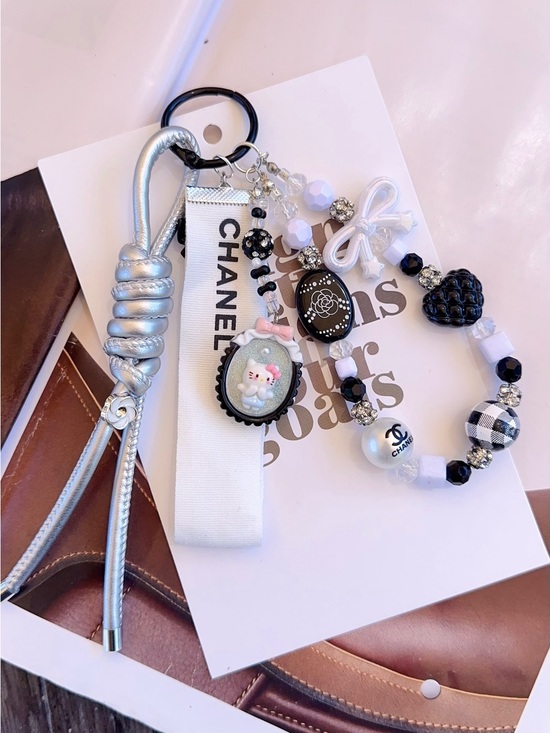 Handmade Accessories - Authentic CC Ribbon with unbranded White & Black Beaded Bag Charm